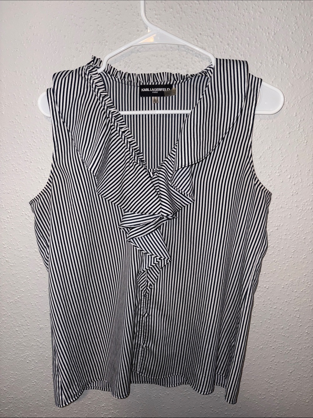 Karl Lagerfeld Blue & White Vertical Stripe Ruffle Sleeveless Top
